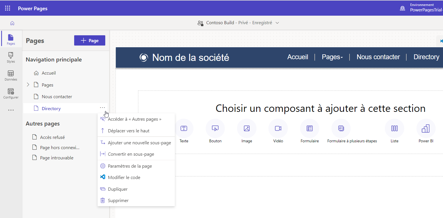 Capture d’écran de la gestion de la navigation de page après l’enregistrement de la page.