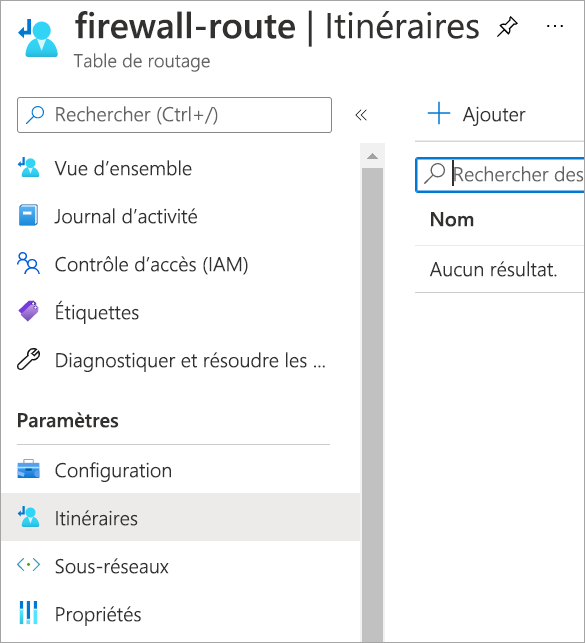 Screenshot that shows the routes option under settings on the firewall route table.