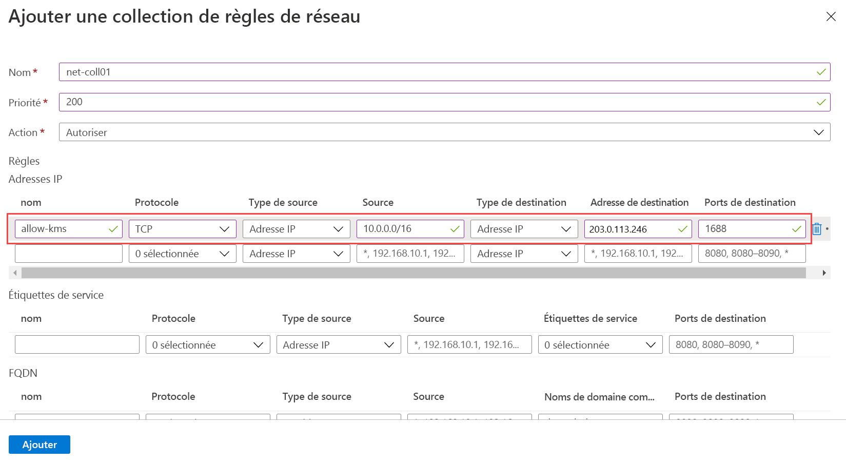 Screenshot that shows the network rule collection form filled out.