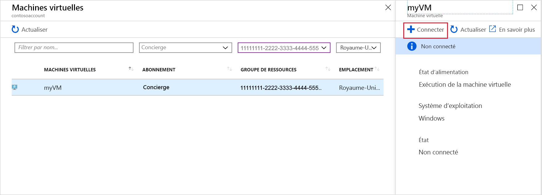 Capture d’écran du Portail Azure, montrant le volet Machines virtuelles.