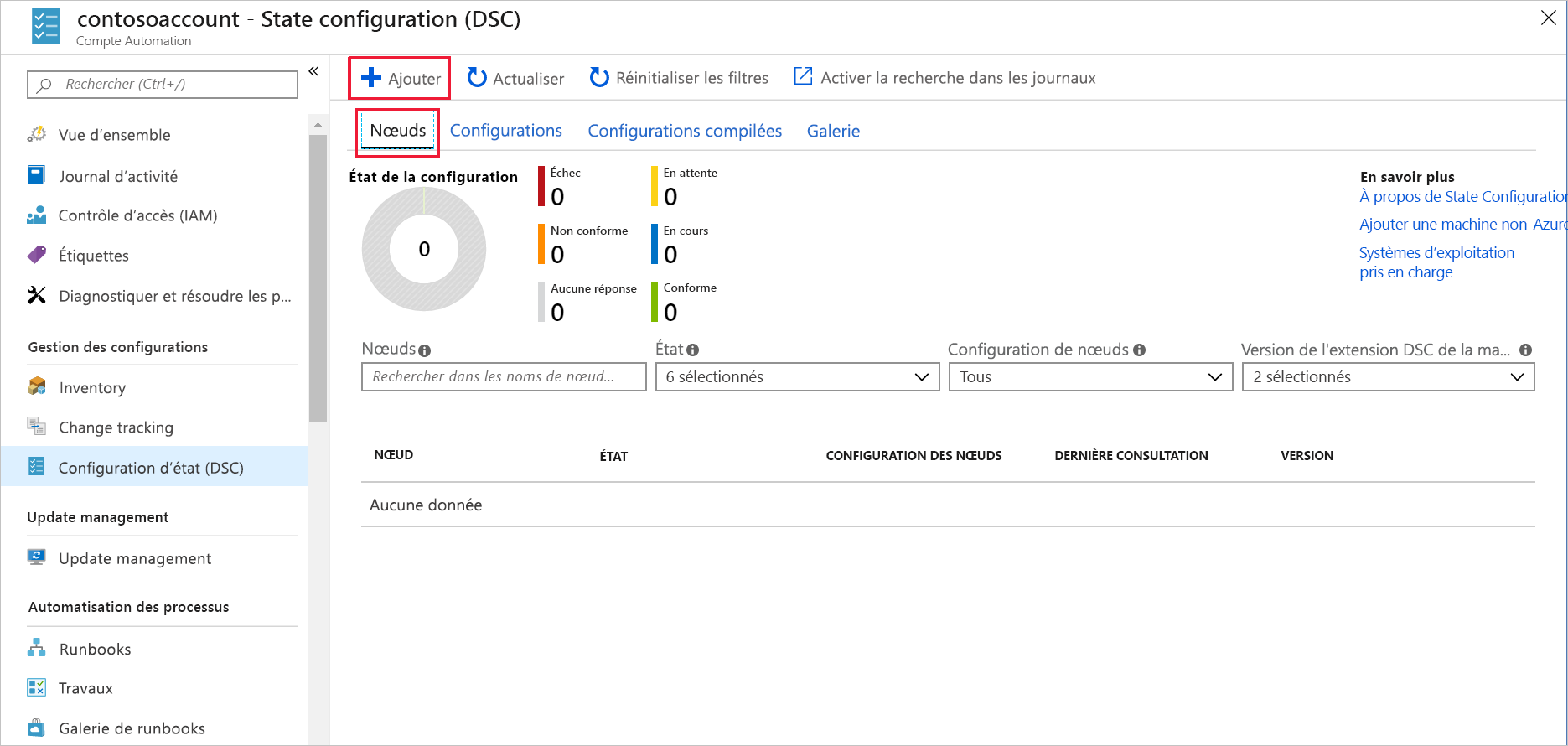 Capture d’écran du Portail Azure, montrant le volet Nœuds.