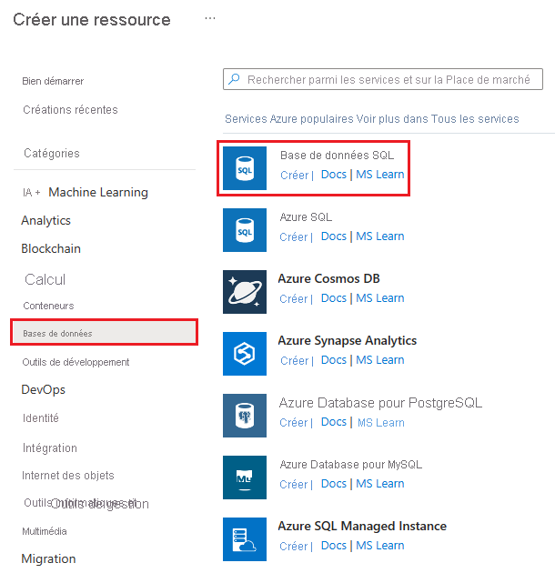 Capture d’écran Créer un volet de ressources avec les bases de données dans le menu et le service de ressources SQL Database en surbrillance.