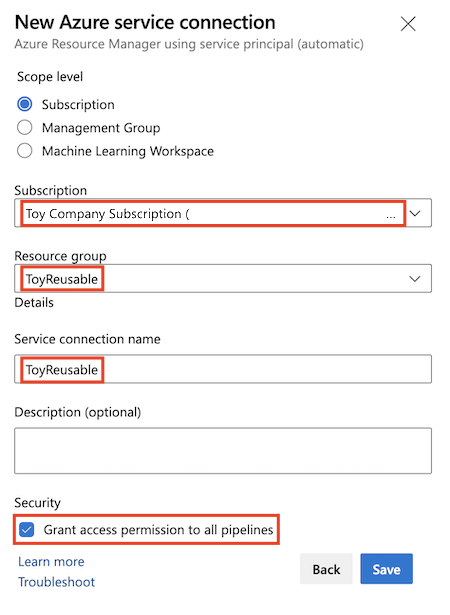 Capture d’écran d’Azure DevOps qui montre le volet « Nouvelle connexion au service Azure », avec les détails renseignés et le bouton « Enregistrer » en surbrillance.