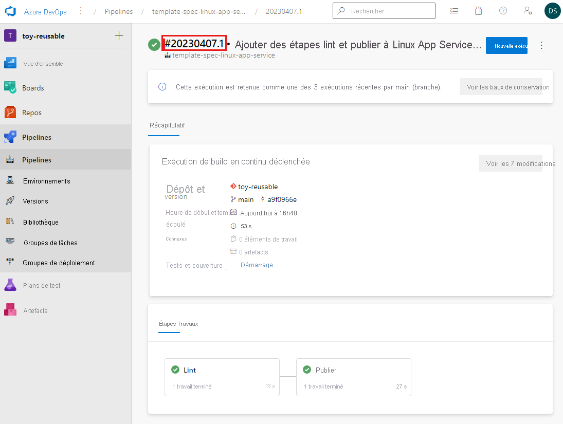 Capture d’écran d’Azure Pipelines montrant une exécution de pipeline réussie et met en surbrillance le numéro de build.