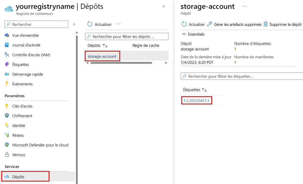 Capture d’écran du portail Azure montrant le module Bicep dans le registre de conteneurs.