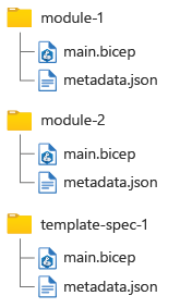 Diagramme montrant une hiérarchie de système de fichiers avec deux modules et un spec de modèle, chacun avec un fichier metadata point J S O N associé.