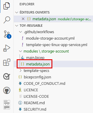 Capture d’écran de Visual Studio Code montrant l’emplacement du fichier metadata point J S O N.