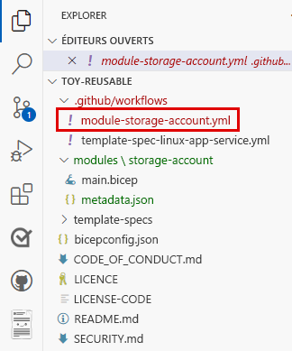 Capture d’écran de Visual Studio Code montrant l’emplacement du fichier de définition de workflow.