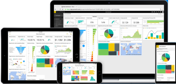 Photo de téléphones et de tablettes exécutant les applications mobiles Power BI.