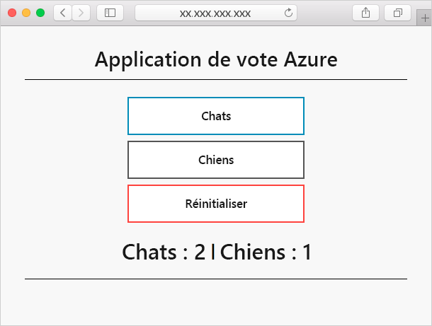 Screenshot that shows the Azure voting application with two choices in a browser. Cats and Dogs.