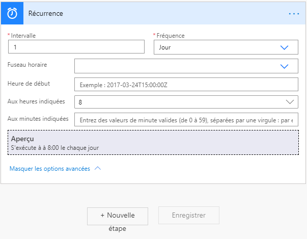 Paramètres de périodicité avec Intervalle défini sur 1 et Fréquence sur Jour. L’aperçu s’exécute à 8h00 tous les jours.