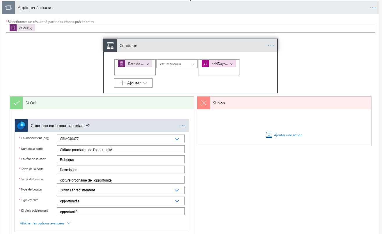 Créer une carte pour l’assistant 2 est l’action pour la condition Si oui.