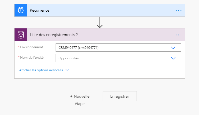 L’action Liste des enregistrements a le nom de table défini sur Opportunités.