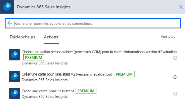 Dynamics 365 Sales Insights dans l’onglet Actions de la recherche affichant un aperçu des actions personnalisées.