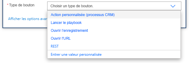 Le menu déroulant Choisir un type de bouton avec l’option Action personnalisée (processus CRM) sélectionnée.