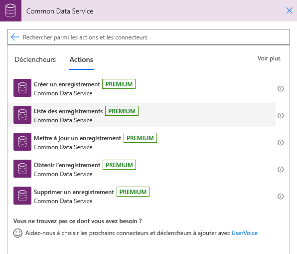 Résultats de la recherche Dataverse affichés dans l’onglet Actions et Répertorier les enregistrements sélectionné.