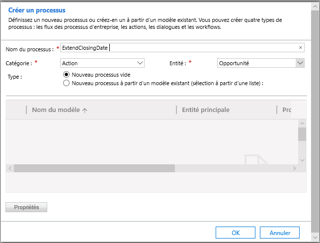 Entrez ExtendClosingDate comme nom, comme Catégorie sélectionnez Action, et comme table Opportunité.