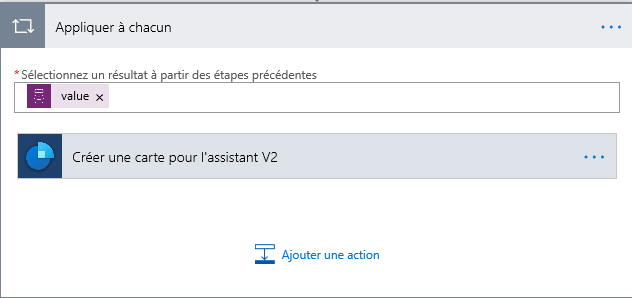 Choisissez Ajouter une action sous Créer une carte pour l’assistant V2.