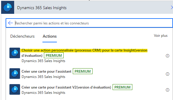 Sélectionnez Choisir une action personnalisée (processus CRM) pour une carte d’informations.