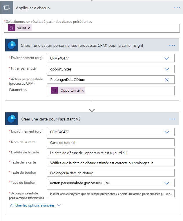 Ajoutez Créer une carte pour l’assistant V2 sous Choisir une action personnalisée (processus CRM) pour une carte d’informations.