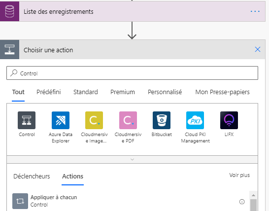 Sous Liste des enregistrements, dans Choisir une action, les résultats de la recherche à appliquer à chacun apparaissent dans l’onglet Actions.