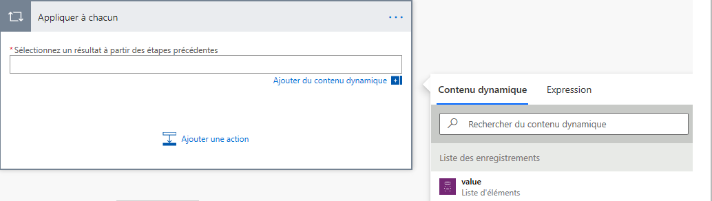 Sur Appliquer à chacun, sélectionnez Ajouter du contenu dynamique, puis choisissez la valeur Liste des éléments.