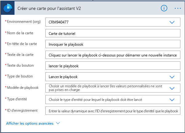 Le type de bouton et le texte du bouton sont définis sur Lancer playbook.