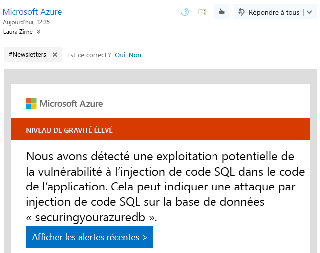 Capture d’écran d’un exemple d’avertissement de notification de Microsoft Defender pour le cloud.