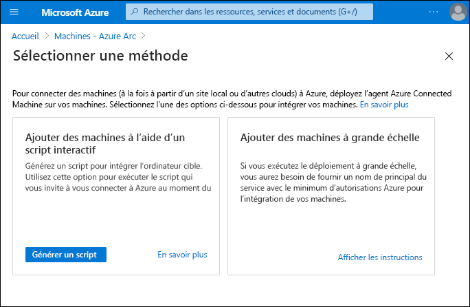 Screenshot that depicts the Select a method blade of the Azure Arc Machines node. Two options are available: Add machines using an interactive script and Add machines at scale.