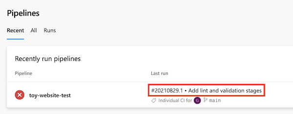 Capture d’écran de l’interface Azure DevOps, avec le lien vers l’exécution la plus récente du pipeline mis en évidence.
