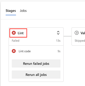 Capture d’écran d’une exécution du pipeline dans Azure DevOps, avec le nom de la phase Lint mis en évidence.