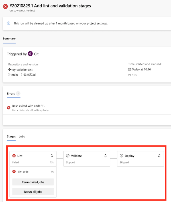 Capture d’écran d’une exécution du pipeline dans Azure DevOps, avec le message d’échec de la phase Lint.