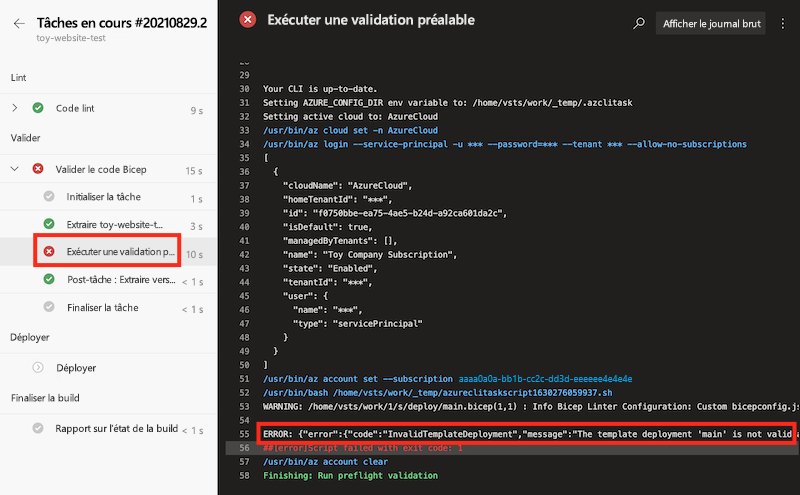 Capture d’écran du journal du pipeline pour la phase Validate, avec l’étape d’exécution d’une validation préalable mise en évidence.