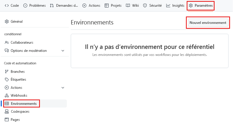 Capture d’écran de l’interface GitHub qui montre la page Environnements, avec le bouton de création d’un environnement mis en évidence.