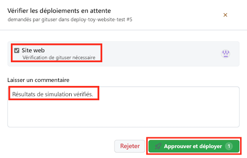 Capture d’écran de l’interface GitHub qui montre la page d’approbation du workflow, avec le bouton Approuver mis en évidence.