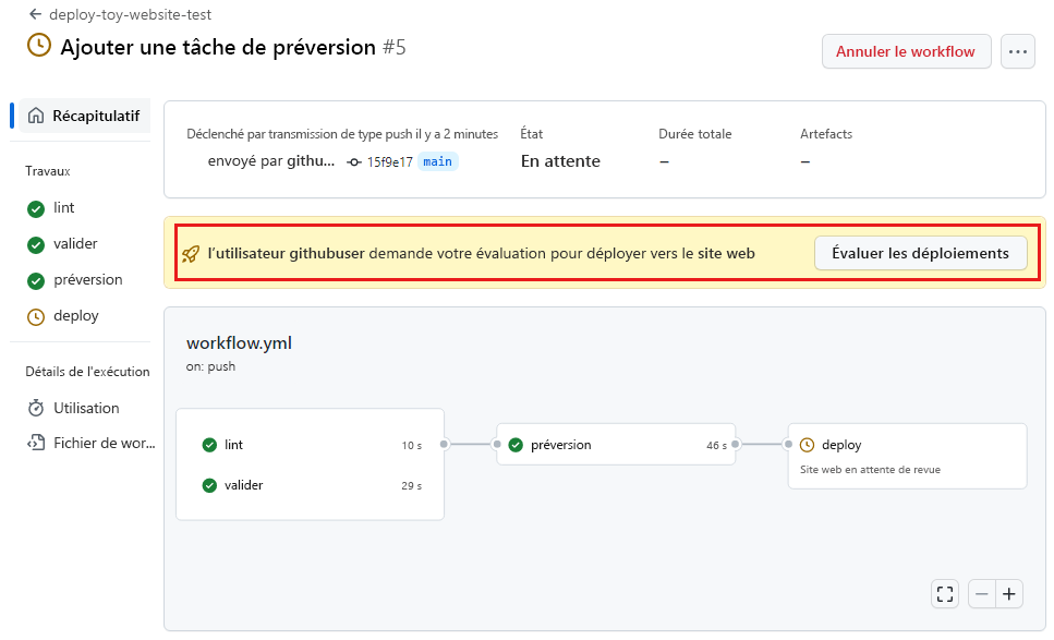 Capture d’écran de l’interface GitHub qui montre l’exécution du workflow, avec la demande de revue mise en évidence.