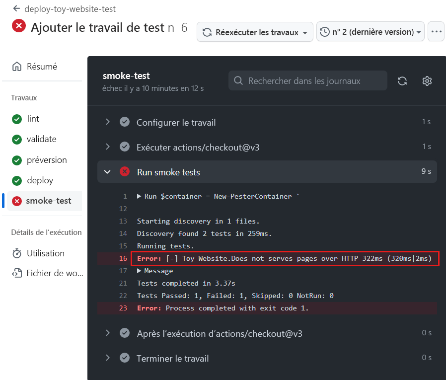 Capture d’écran de l’interface GitHub qui montre les résultats des tests de l’exécution du workflow, avec le test ayant échoué mis en évidence.