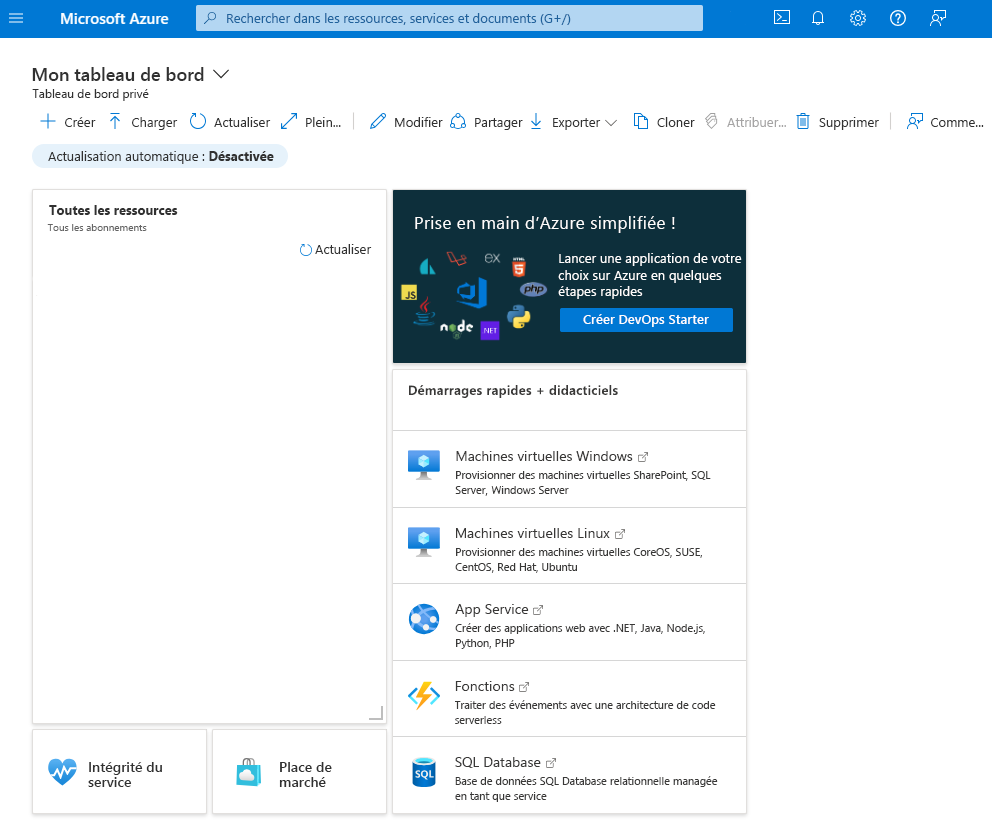 Capture d’écran montrant le tableau de bord par défaut sur le portail Azure.