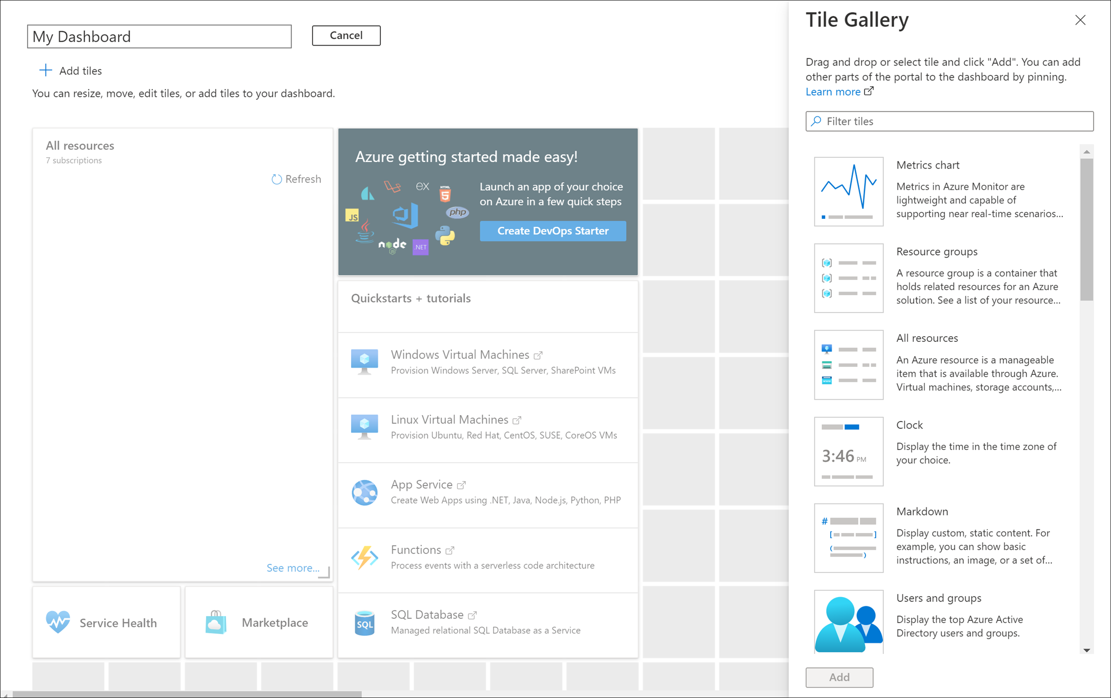 Capture d’écran montrant un tableau de bord en mode d’édition sur le portail Azure.