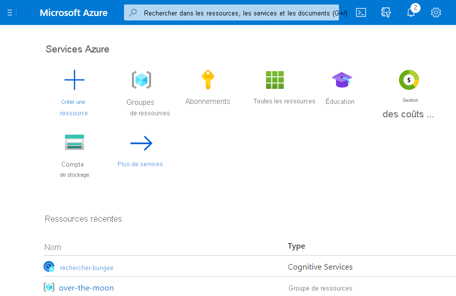 Capture d’écran du portail Azure avec nos groupe de ressources et ressource Custom Vision