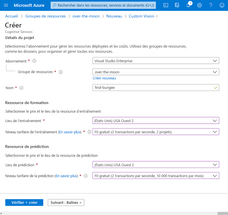 Capture d’écran qui montre la création d’une ressource Custom Vision sur Azure.