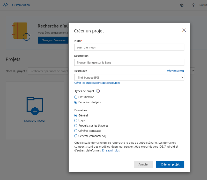 Capture d’écran qui montre la création d’un projet Custom Vision dans le portail Custom Vision.