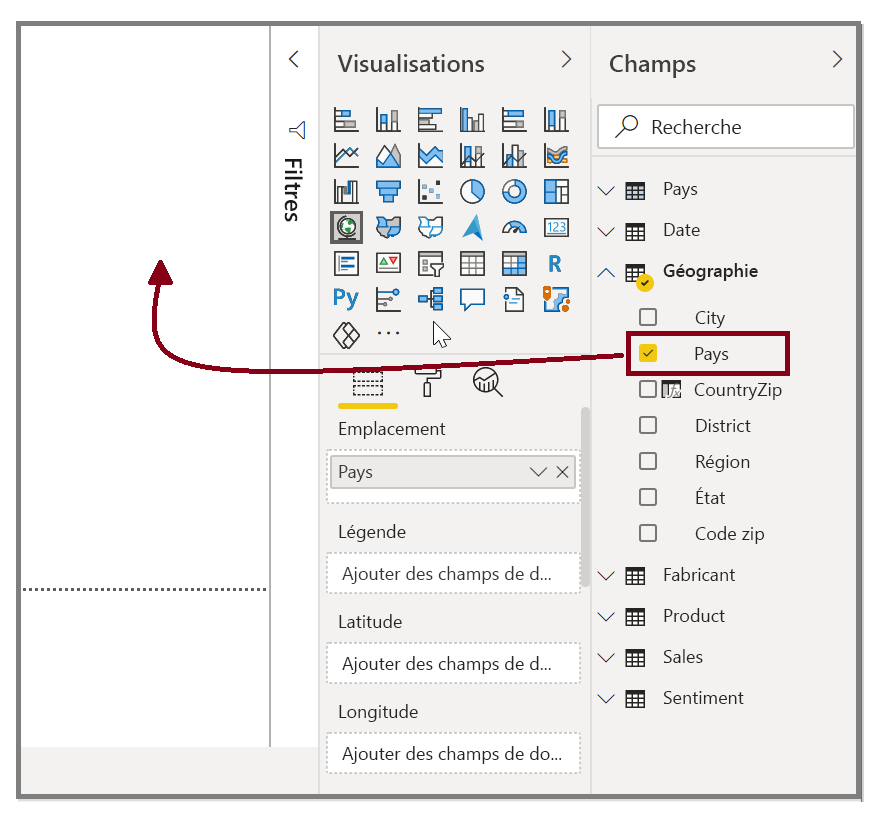 Faites glisser le champ « Pays » sur le canevas pour créer un visuel.