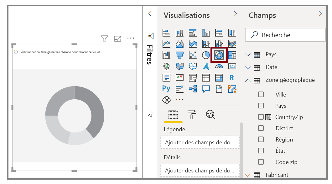 Capture d’écran d’un visuel sélectionné dans le volet Visualisations.