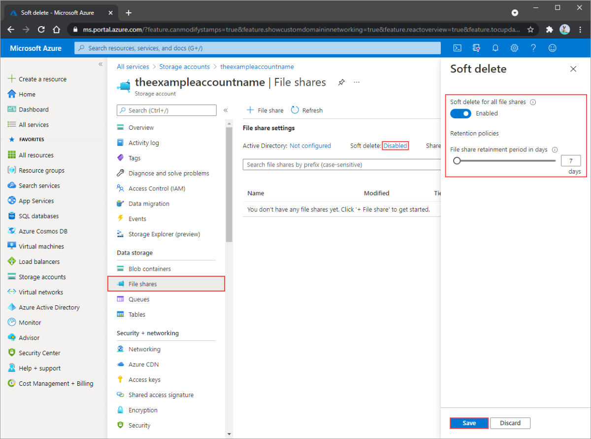 Illustration décrivant comment activer la suppression réversible sur un partage de fichiers Azure.