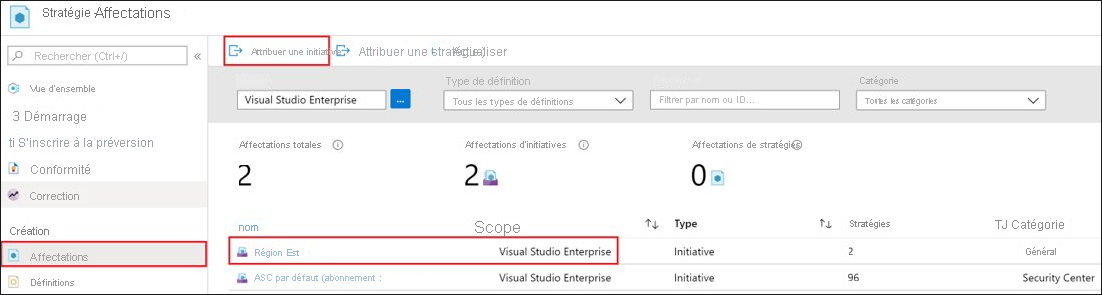 Screenshot that shows how to assign an initiative definition to resources or groups or resources to establish the scope.