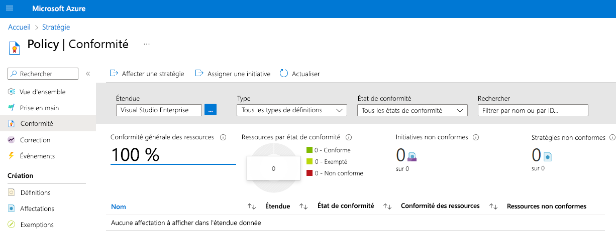 Screenshot that shows how to use the compliance feature to look for non-compliant initiatives, policies, and resources.