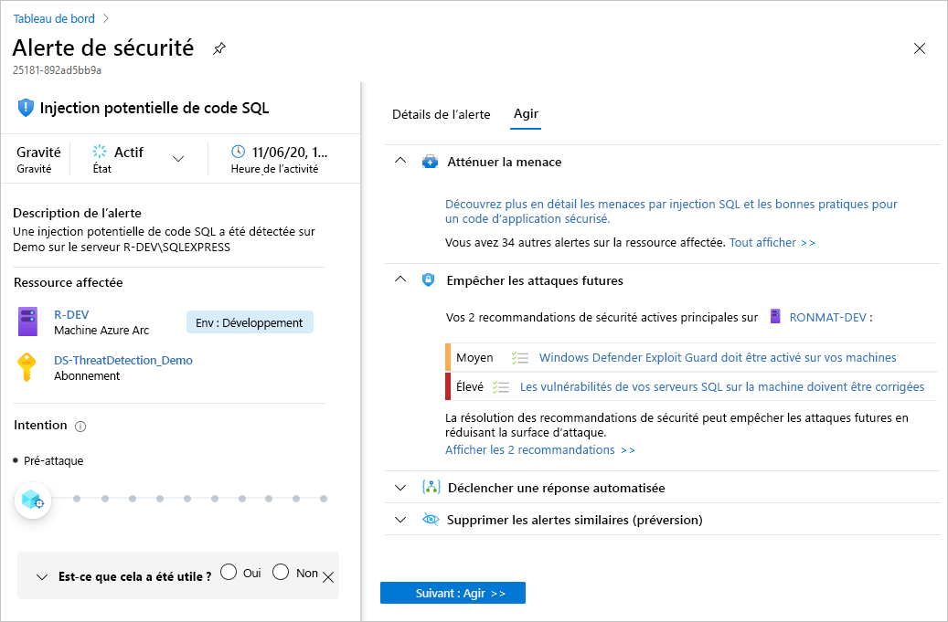 Capture d’écran de l’affichage des détails complets d’un volet d’alerte de sécurité.