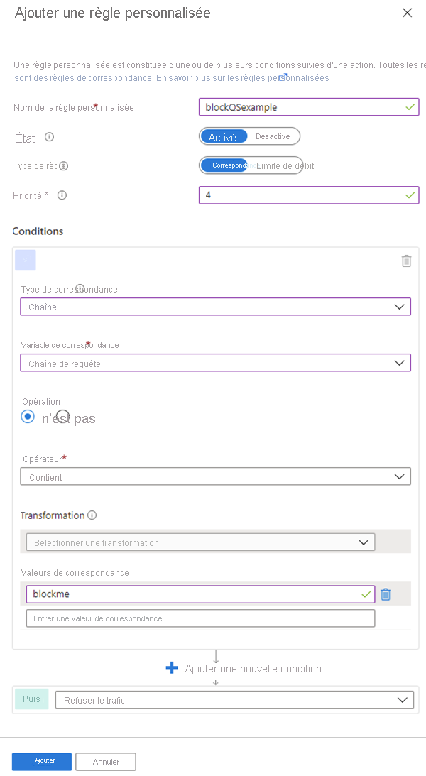 Capture d’écran de la configuration de la règle personnalisée dans la stratégie WAF.