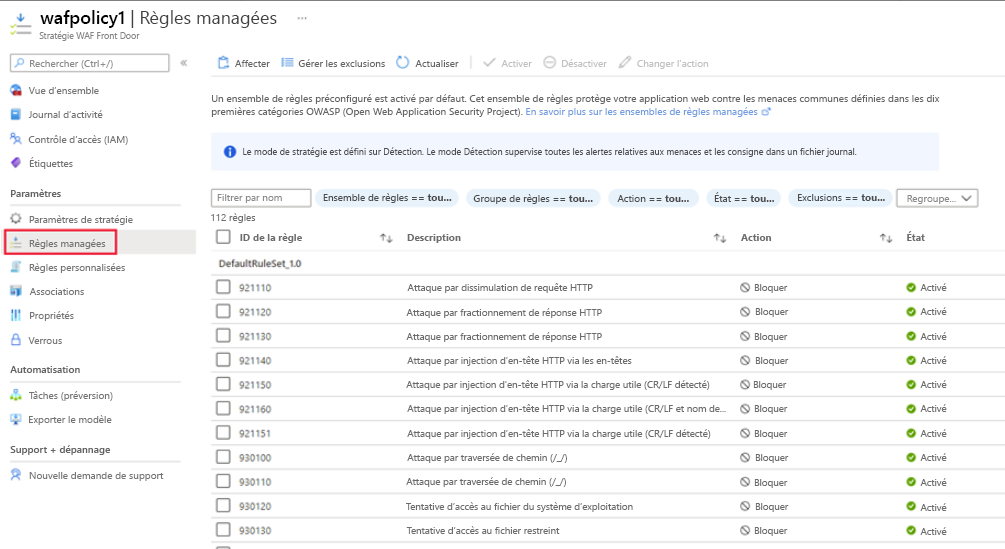 Capture d’écran des règles managées d’une stratégie WAF.